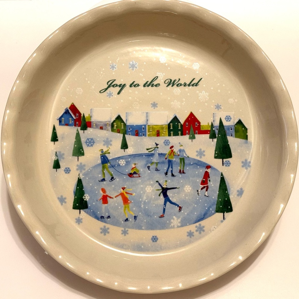 Nantucket “Joy to the World” Ceramic Pie Dish – Winter Village Scene – 10”